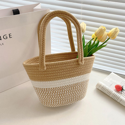 Καλοκαιρινές χειροποίητες τσάντες από βαμβακερό νήμα Γυναικείες υφαντές μπλούζες μόδας Χαριτωμένο χρώμα αντίθεσης Χειροποίητο φορητό για παραθαλάσσιες διακοπές