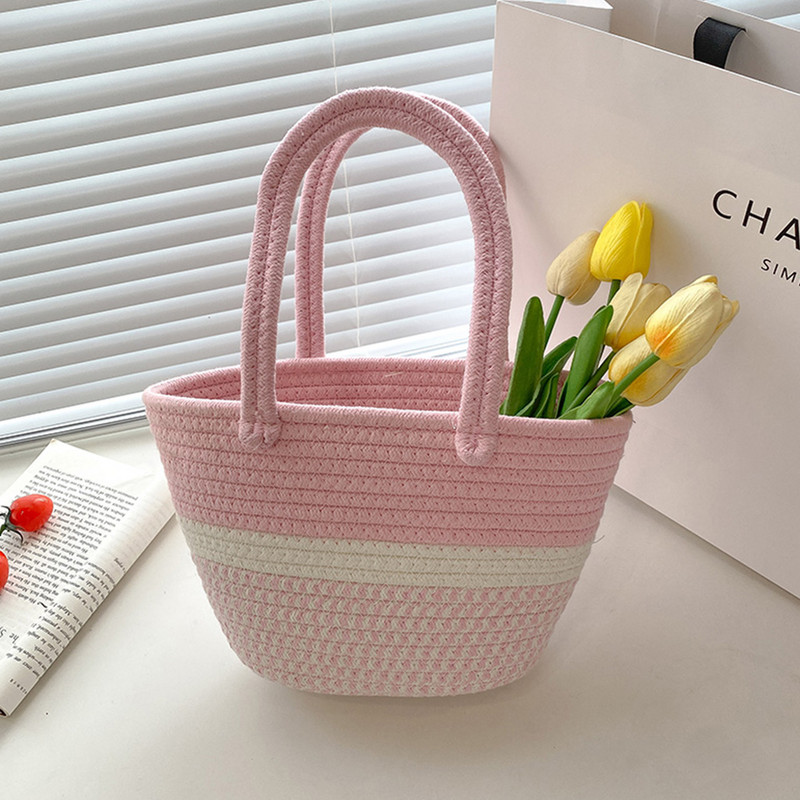 Καλοκαιρινές χειροποίητες τσάντες από βαμβακερό νήμα Γυναικείες υφαντές μπλούζες μόδας Χαριτωμένο χρώμα αντίθεσης Χειροποίητο φορητό για παραθαλάσσιες διακοπές