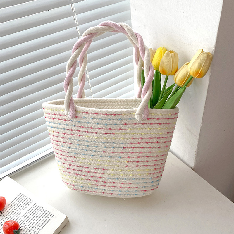 Καλοκαιρινές χειροποίητες τσάντες από βαμβακερό νήμα Γυναικείες υφαντές μπλούζες μόδας Χαριτωμένο χρώμα αντίθεσης Χειροποίητο φορητό για παραθαλάσσιες διακοπές