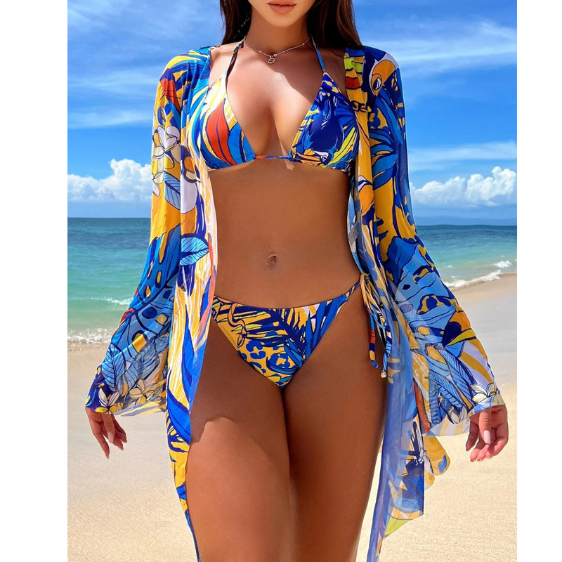 2023 3συσκευασία μαγιό με γυναικείο κιμονό τροπικό στάμπα μπικίνι μαγιό Beach Cover Up Halter Σετ μπικίνι Καλοκαιρινό