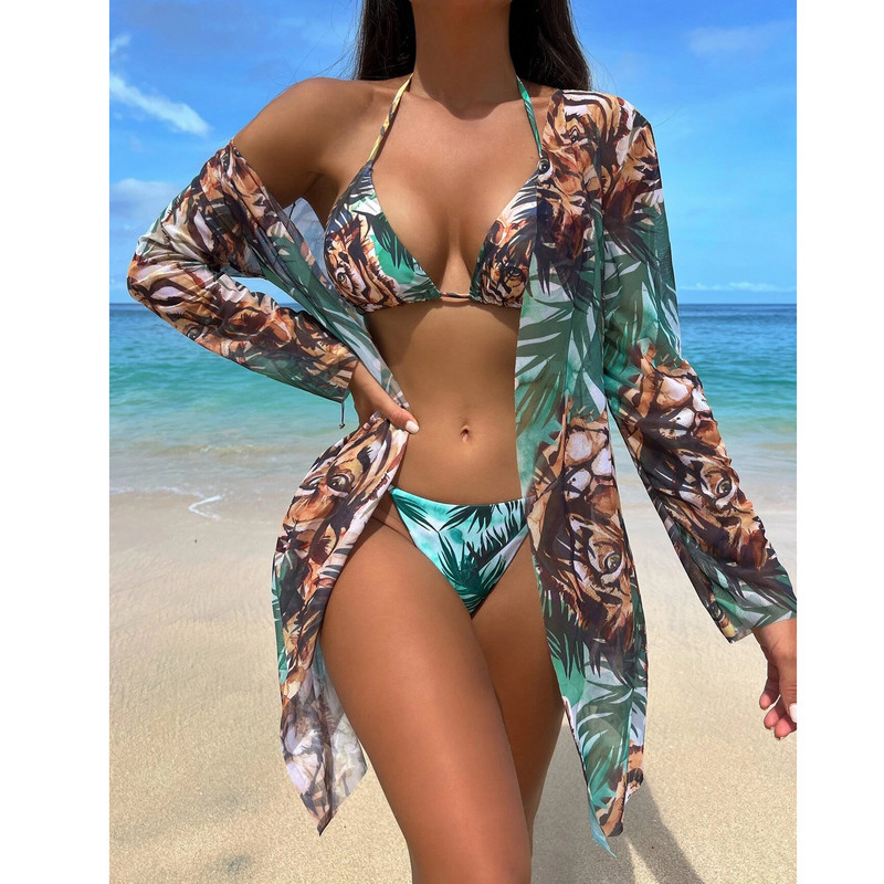 2023 3συσκευασία μαγιό με γυναικείο κιμονό τροπικό στάμπα μπικίνι μαγιό Beach Cover Up Halter Σετ μπικίνι Καλοκαιρινό