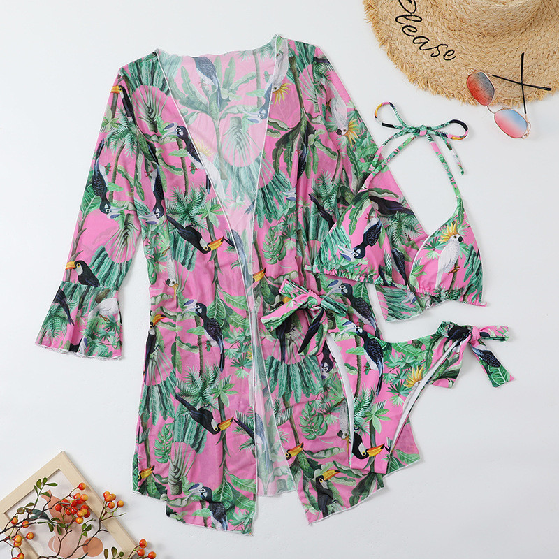 2023 3συσκευασία μαγιό με γυναικείο κιμονό τροπικό στάμπα μπικίνι μαγιό Beach Cover Up Halter Σετ μπικίνι Καλοκαιρινό