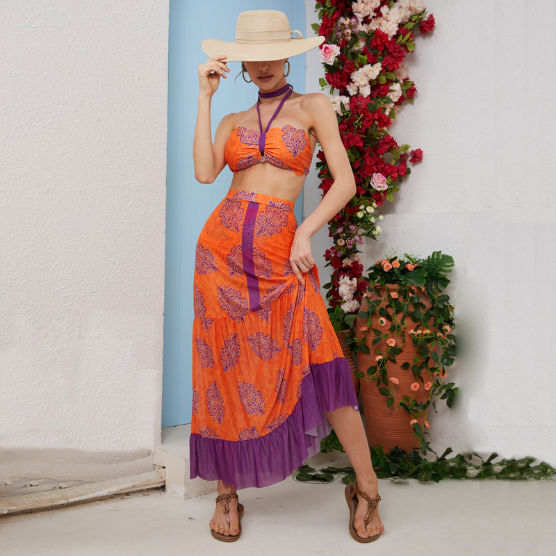 2023 3συσκευασία μπικίνι με φούστα παραλίας Γυναικεία μαγιό Ψηλόμεση V λαιμόκοψη Κάλυμμα μαγιό Σετ μπικίνι παραλίας Μπικίνι