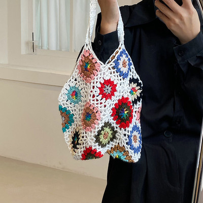 Dámska taška Tote, kvetinová háčkovaná veľkokapacitná pletená taška, trendy ručne vyrezávaná boho taška, vintage viacfarebná dutá kabelka