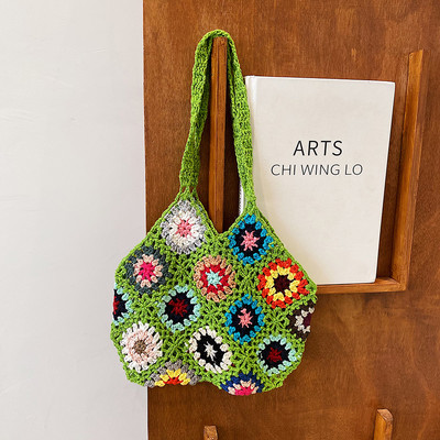 Dámska taška Tote, kvetinová háčkovaná veľkokapacitná pletená taška, trendy ručne vyrezávaná boho taška, vintage viacfarebná dutá kabelka