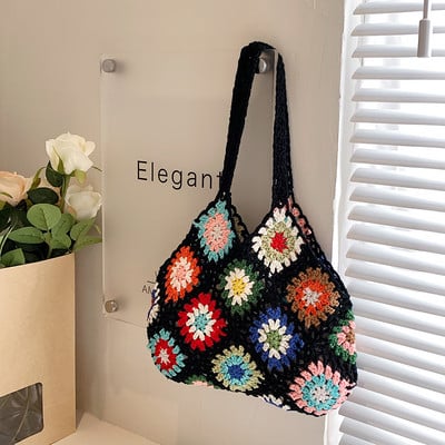 Dámska taška Tote, kvetinová háčkovaná veľkokapacitná pletená taška, trendy ručne vyrezávaná boho taška, vintage viacfarebná dutá kabelka