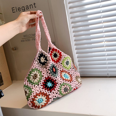 Dámska taška Tote, kvetinová háčkovaná veľkokapacitná pletená taška, trendy ručne vyrezávaná boho taška, vintage viacfarebná dutá kabelka