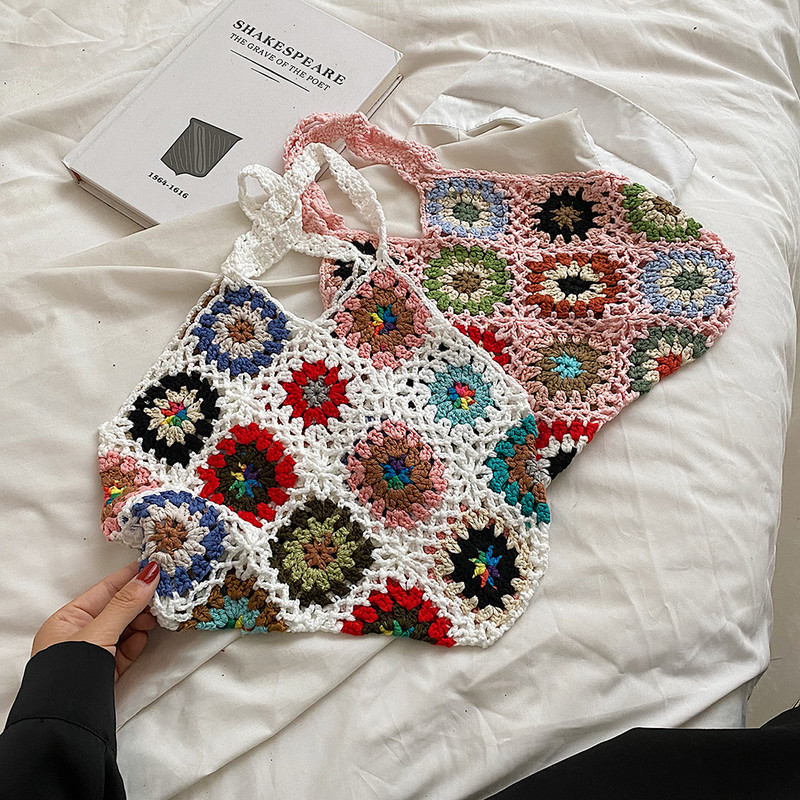 Dámska taška Tote, kvetinová háčkovaná veľkokapacitná pletená taška, trendy ručne vyrezávaná boho taška, vintage viacfarebná dutá kabelka