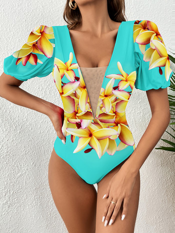 2023 Νέο σέξι ολόσωμο μαγιό φουσκωτά μανίκια στάμπα λουλουδάτο μαγιό Γυναικείο μαγιό παραλίας Φόρεμα εξώπλατου Monokini Καλοκαίρι
