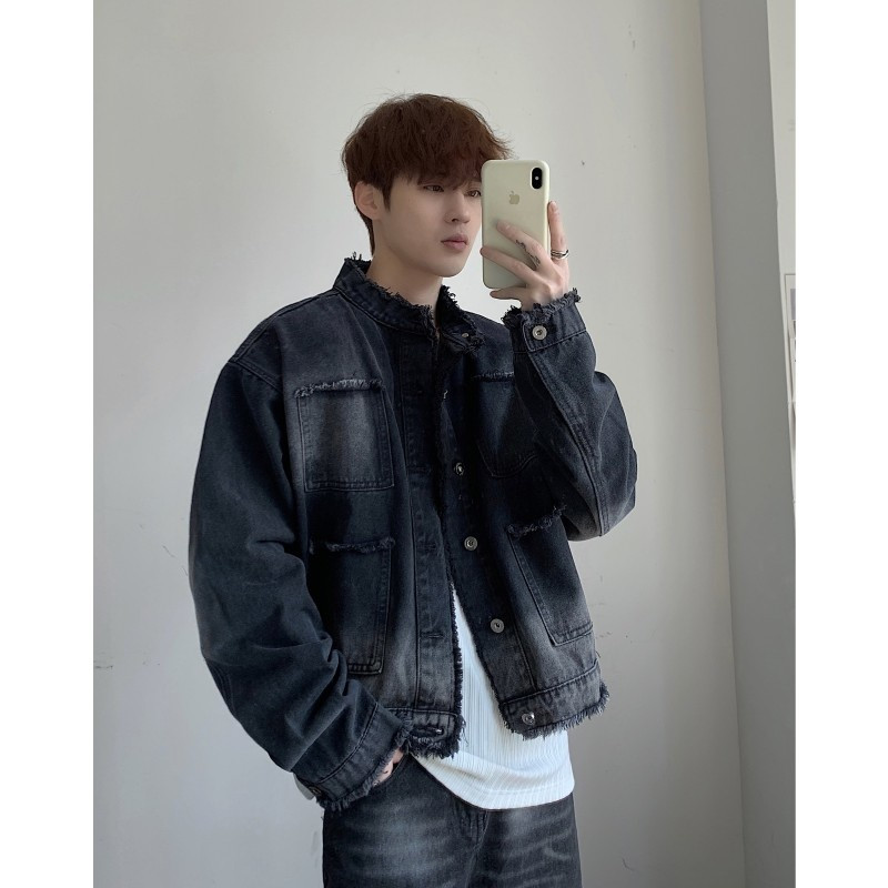 Liiga suur lühike teksajakk Meeste Mood Retro Mitme taskuga Teksajakid Meeste Tänavarõivad Korea lahtine Bomber jakk Meeste