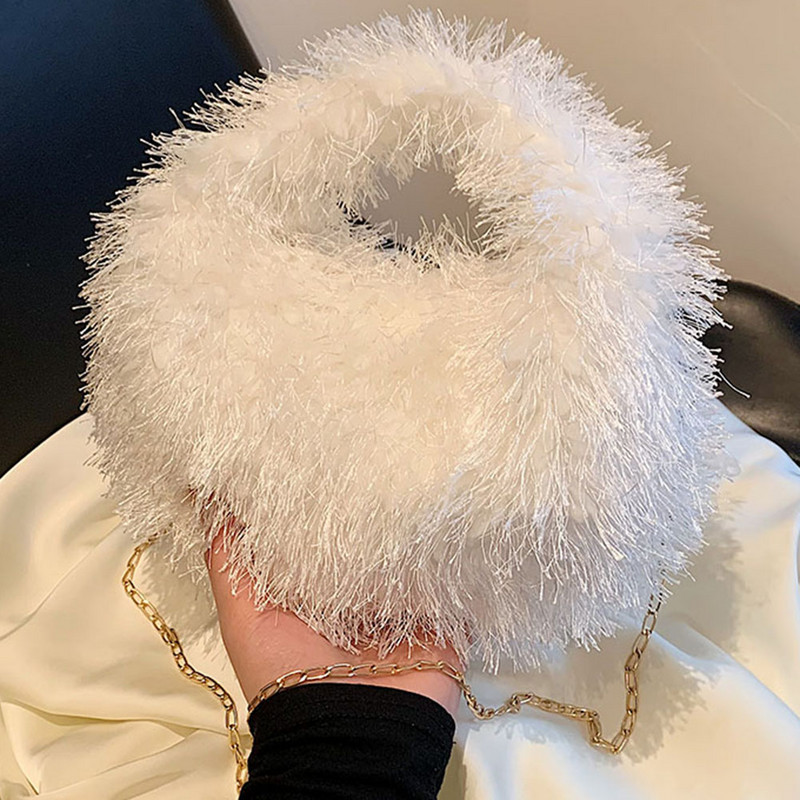 Geantă de umăr pufoasă pentru femei Geantă de mână cu lanț de modă Geantă de mână ocazională drăguță cu ciucuri Poșetă versatilă de toamnă și iarnă Y2K