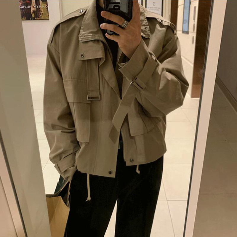 Fermoar revere paltoane scurte cargo pentru bărbați la modă largi cu mânecă lungă îmbrăcăminte de exterior îmbrăcăminte de stradă jachete pentru bărbați design vintage cu buzunare plasate