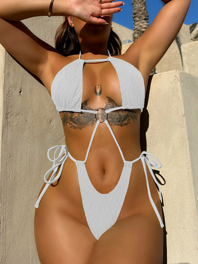 Vigorashely 2023 Costum de baie sexy, plin, scobit cu nervuri, costum de baie, cu tăietură înaltă, cu push-up, costum de baie, legat dintr-o bucată, fără spate