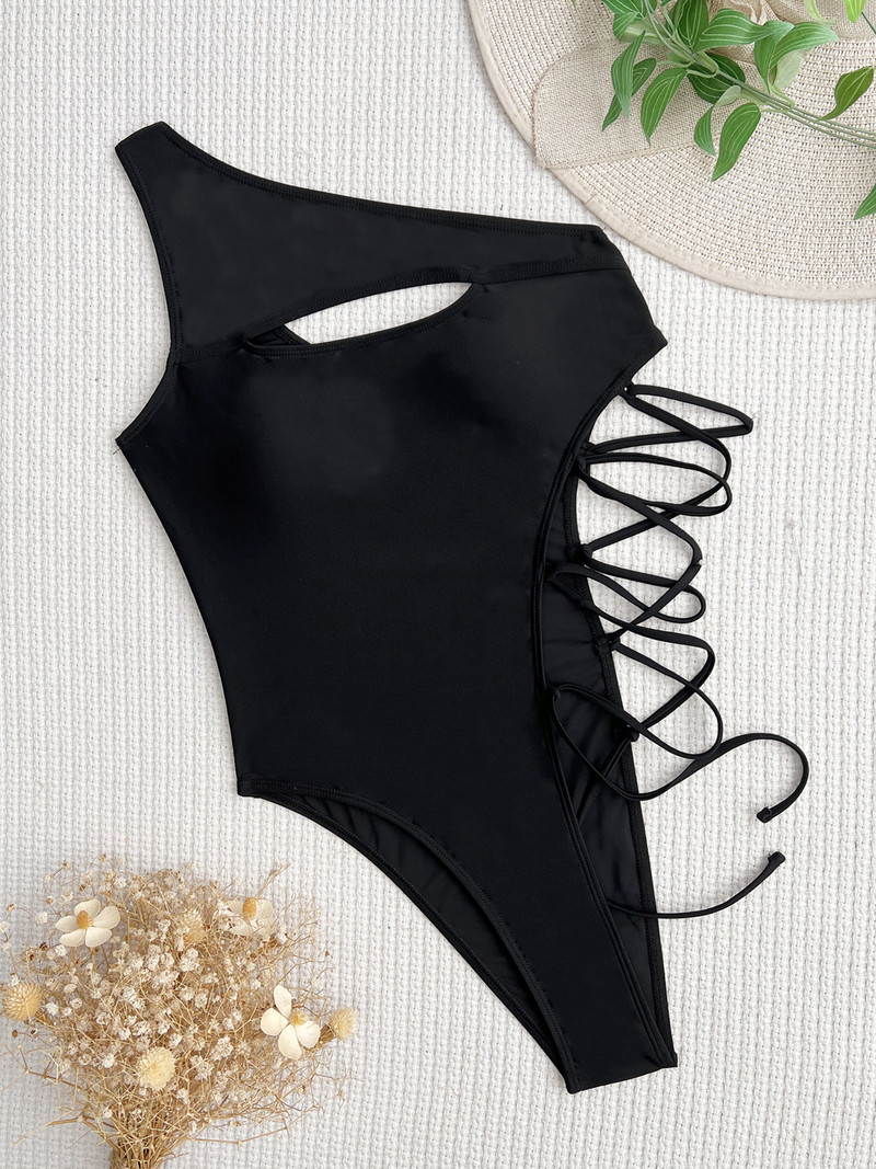 Vigorashely 2023 Σέξι μονό ώμο Κούφια μαγιό Ψηλόμεση Push Up Δεμένο μαγιό για Γυναικείες Ολόσωμες Ολόσωμες Μαγιό