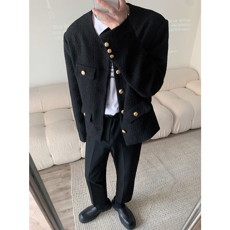 Φθινοπωρινό μαύρο λευκό κοντό σακάκι Ανδρικό λεπτή μόδα Casual μπουφάν με λαιμόκοψη ανδρικό κορεάτικο χαλαρό casual bomber ανδρικό κοντό παλτό