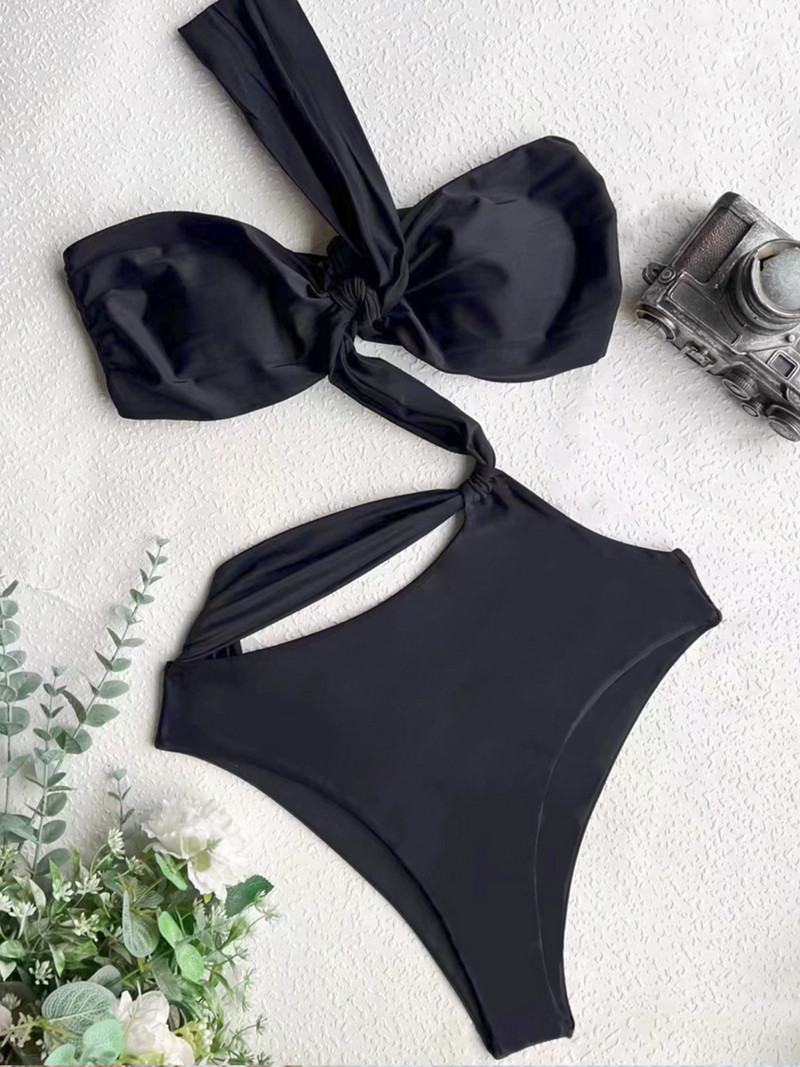 Vigorashely 2023 Costum de baie negru cu un singur umăr Push Up cu talie înaltă Costum de baie gol pentru femei Costum de baie de plajă legat fără spate