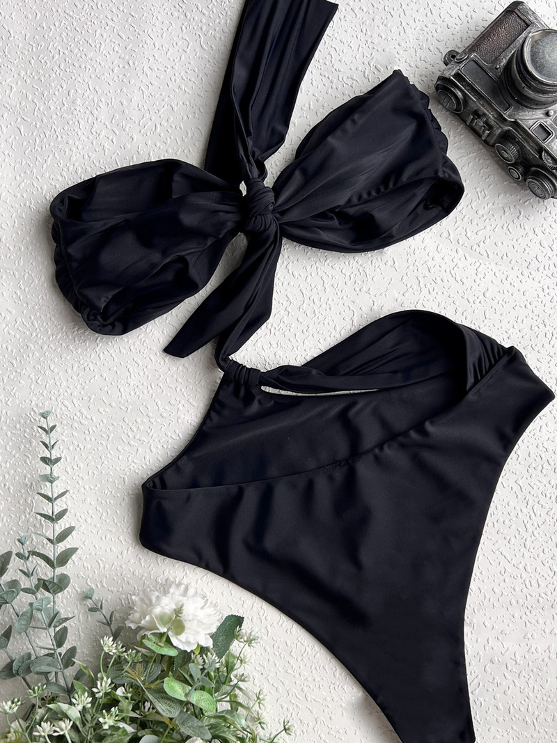 Vigorashely 2023 Costum de baie negru cu un singur umăr Push Up cu talie înaltă Costum de baie gol pentru femei Costum de baie de plajă legat fără spate