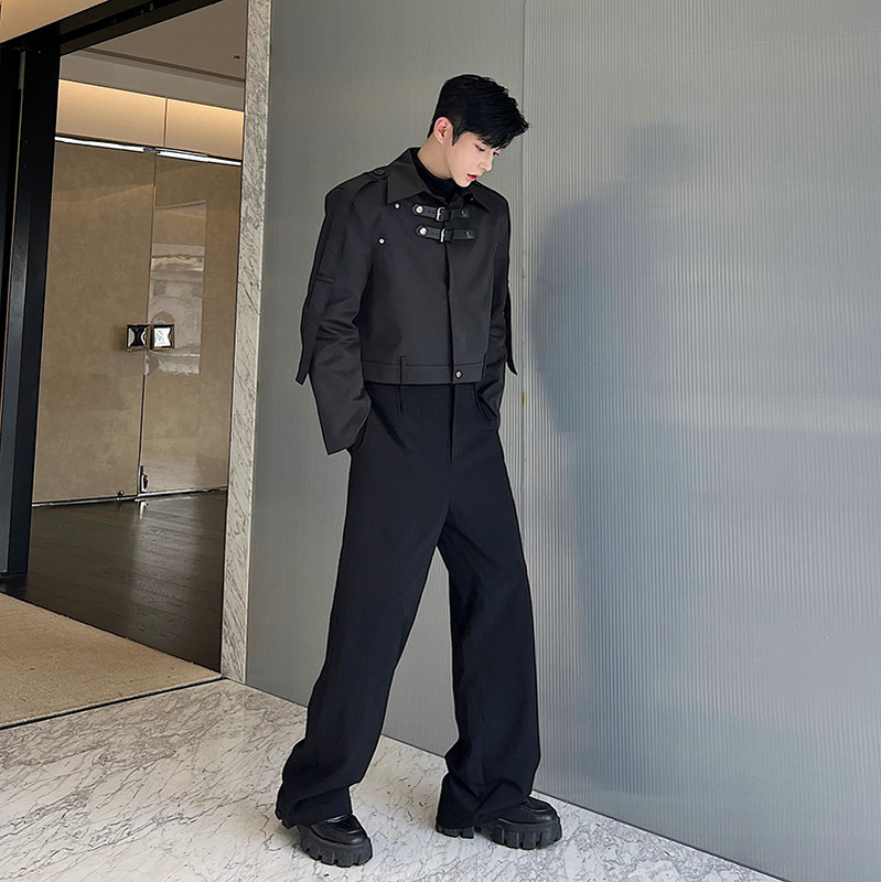 Jachetă de modă pentru bărbați Îmbrăcăminte de lucru Jachete cu siluetă cu cataramă din piele Îmbrăcăminte de stradă cu revere solidă cu mânecă lungă Paltoane lejere, casual