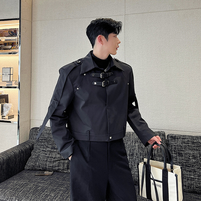 Jachetă de modă pentru bărbați Îmbrăcăminte de lucru Jachete cu siluetă cu cataramă din piele Îmbrăcăminte de stradă cu revere solidă cu mânecă lungă Paltoane lejere, casual