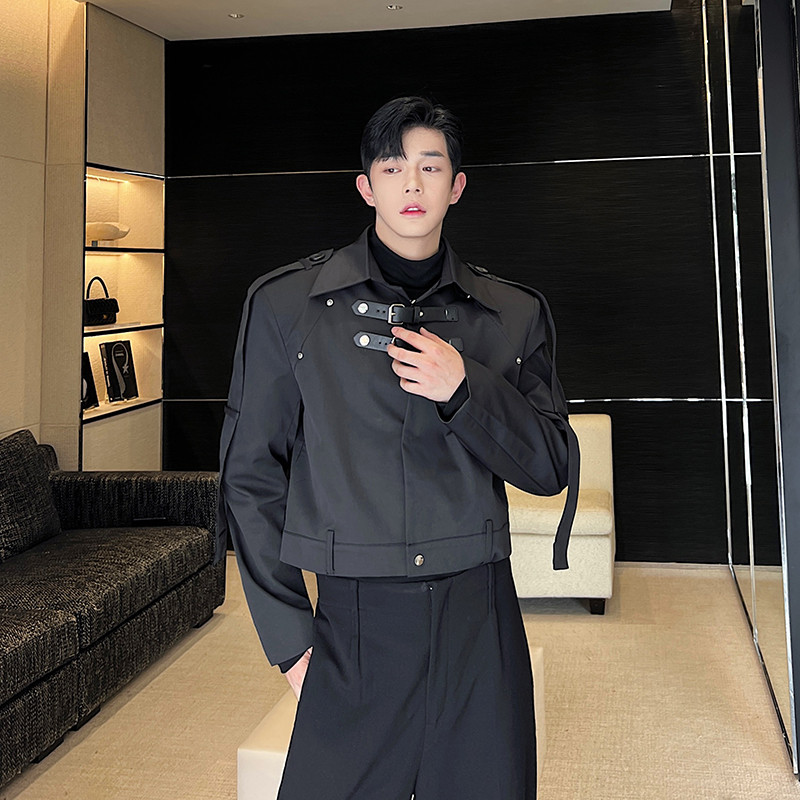 Jachetă de modă pentru bărbați Îmbrăcăminte de lucru Jachete cu siluetă cu cataramă din piele Îmbrăcăminte de stradă cu revere solidă cu mânecă lungă Paltoane lejere, casual