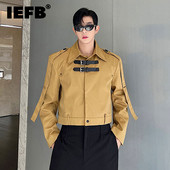 Ανδρικό σακάκι IEFB με δερμάτινη πόρπη σε στυλ σαφάρι κοντό παλτό μόδας Κορεατικό στυλ Σχεδιασμός θέσεων casual ρούχα 2023 Νέο 9C2133