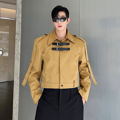 Ανδρικό σακάκι IEFB με δερμάτινη πόρπη σε στυλ σαφάρι κοντό παλτό μόδας Κορεατικό στυλ Σχεδιασμός θέσεων casual ρούχα 2023 Νέο 9C2133