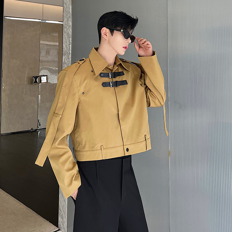 Ανδρικό σακάκι IEFB με δερμάτινη πόρπη σε στυλ σαφάρι κοντό παλτό μόδας Κορεατικό στυλ Σχεδιασμός θέσεων casual ρούχα 2023 Νέο 9C2133