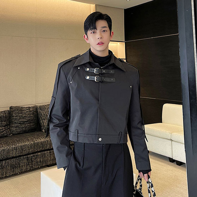 Ανδρικό σακάκι IEFB με δερμάτινη πόρπη σε στυλ σαφάρι κοντό παλτό μόδας Κορεατικό στυλ Σχεδιασμός θέσεων casual ρούχα 2023 Νέο 9C2133