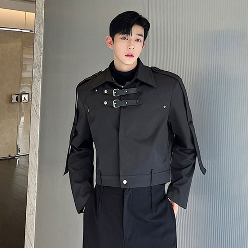 Ανδρικό σακάκι IEFB με δερμάτινη πόρπη σε στυλ σαφάρι κοντό παλτό μόδας Κορεατικό στυλ Σχεδιασμός θέσεων casual ρούχα 2023 Νέο 9C2133