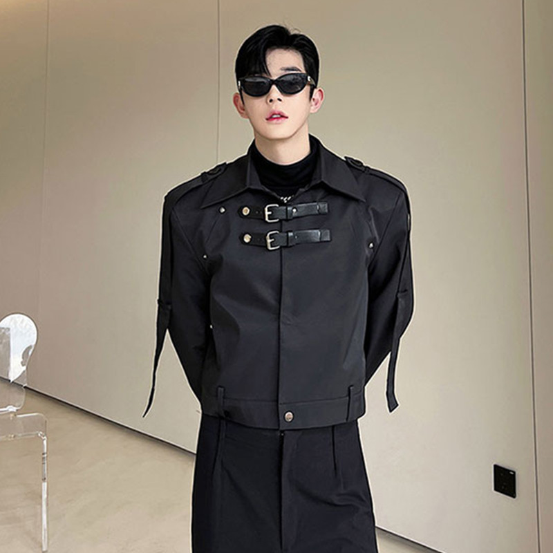 Ανδρικό σακάκι IEFB με δερμάτινη πόρπη σε στυλ σαφάρι κοντό παλτό μόδας Κορεατικό στυλ Σχεδιασμός θέσεων casual ρούχα 2023 Νέο 9C2133