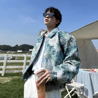 Gmiixder 2023 Jesenná bunda na zips Unisex Romantický vintage žakárový klopový kabát Pánsky kórejský voľný ležérny krátky kvetinový punkový kabát