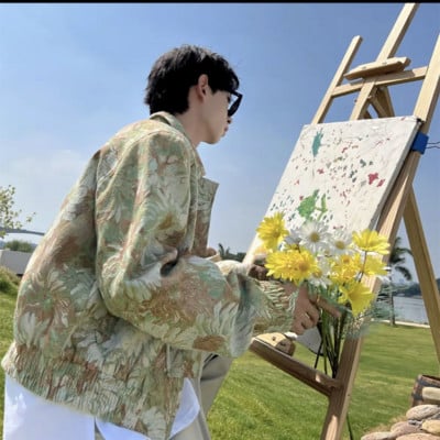 Gmiixder 2023 Jesenná bunda na zips Unisex Romantický vintage žakárový klopový kabát Pánsky kórejský voľný ležérny krátky kvetinový punkový kabát