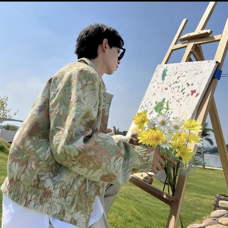 Gmiixder 2023 Jesenná bunda na zips Unisex Romantický vintage žakárový klopový kabát Pánsky kórejský voľný ležérny krátky kvetinový punkový kabát