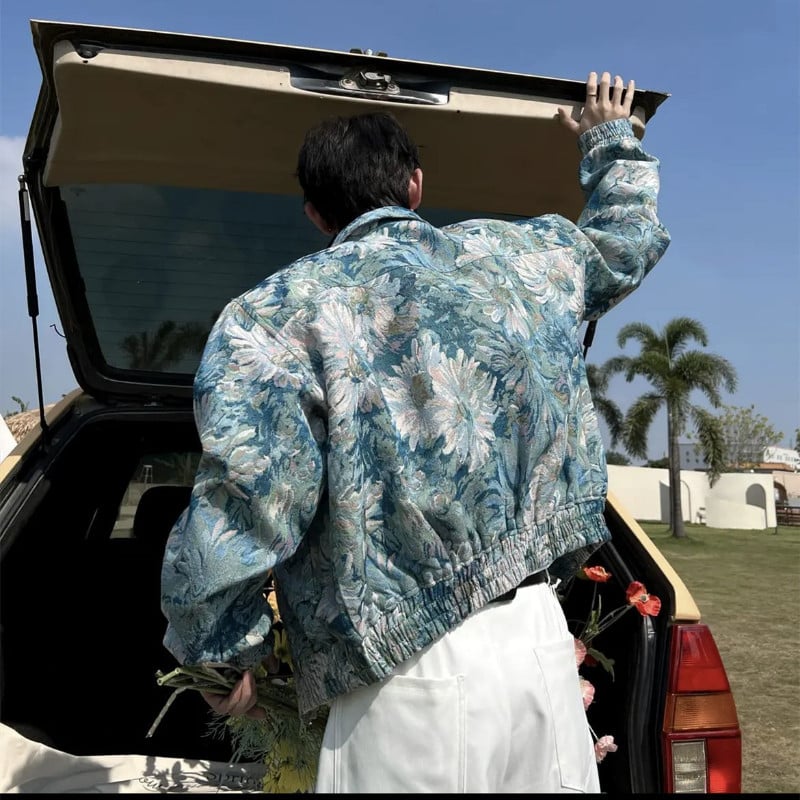 Gmiixder 2023 Jesenná bunda na zips Unisex Romantický vintage žakárový klopový kabát Pánsky kórejský voľný ležérny krátky kvetinový punkový kabát