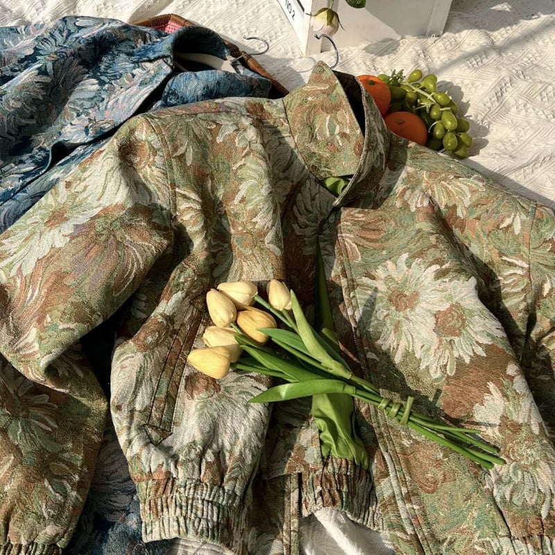 Gmiixder 2023 Jesenná bunda na zips Unisex Romantický vintage žakárový klopový kabát Pánsky kórejský voľný ležérny krátky kvetinový punkový kabát