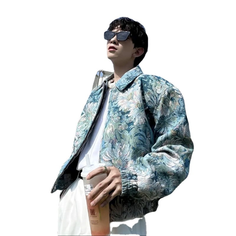 Gmiixder 2023 Jesenná bunda na zips Unisex Romantický vintage žakárový klopový kabát Pánsky kórejský voľný ležérny krátky kvetinový punkový kabát