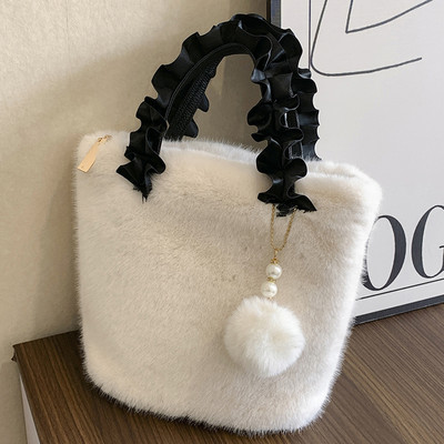 Štvorcová taška so zipsovým zapínaním, plyšová malá taška s príveskom z kožušiny, dámska mini taška Tote, jednofarebná taška z umelej kožušiny na cestovanie