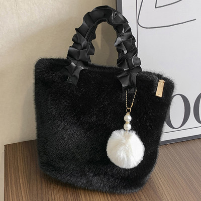 Štvorcová taška so zipsovým zapínaním, plyšová malá taška s príveskom z kožušiny, dámska mini taška Tote, jednofarebná taška z umelej kožušiny na cestovanie