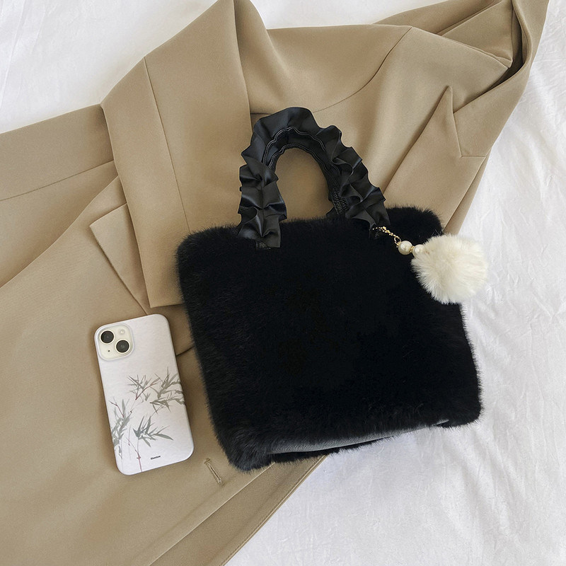 Štvorcová taška so zipsovým zapínaním, plyšová malá taška s príveskom z kožušiny, dámska mini taška Tote, jednofarebná taška z umelej kožušiny na cestovanie