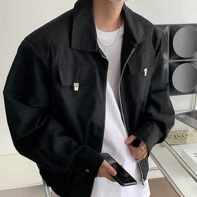 Jednoduchá klopová bunda pre mužov a ženy, krátka bunda v khaki farbe, nadrozmerný bomber s viacerými vreckami a kovovou dekoráciou