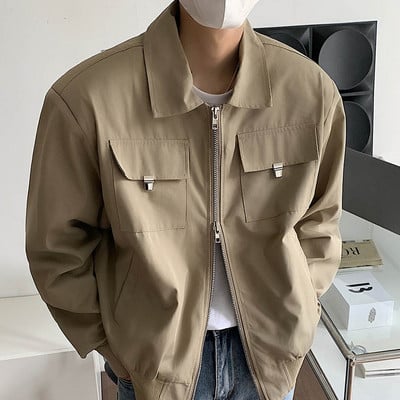 Jednoduchá klopová bunda pre mužov a ženy, krátka bunda v khaki farbe, nadrozmerný bomber s viacerými vreckami a kovovou dekoráciou