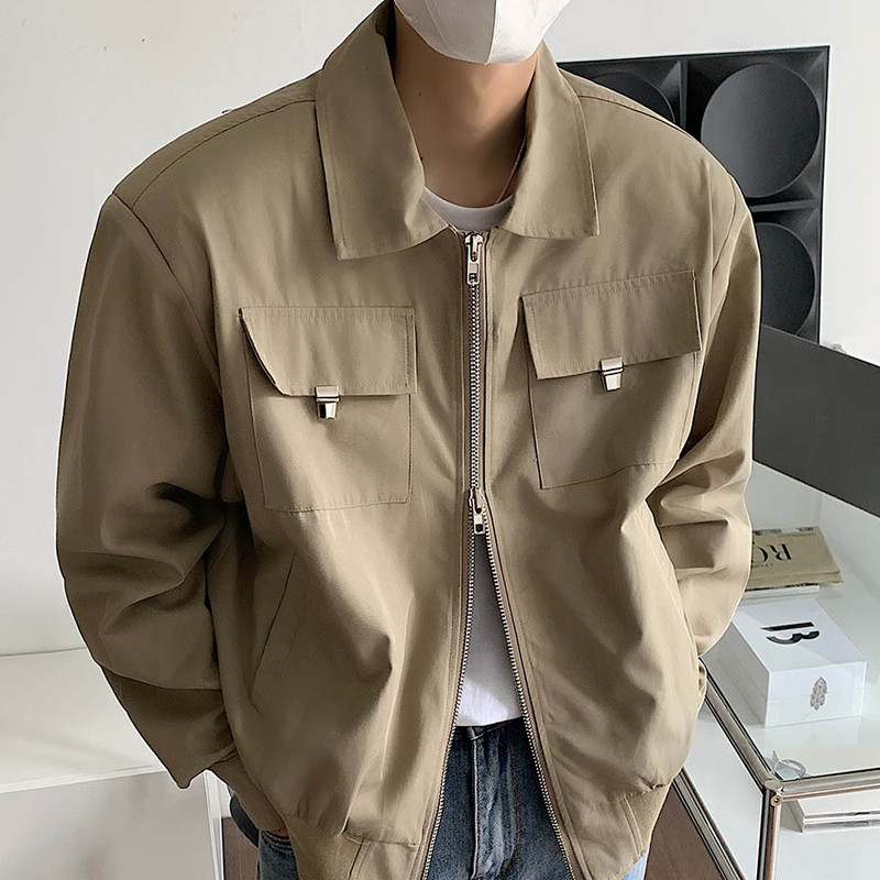 Jednoduchá klopová bunda pre mužov a ženy, krátka bunda v khaki farbe, nadrozmerný bomber s viacerými vreckami a kovovou dekoráciou