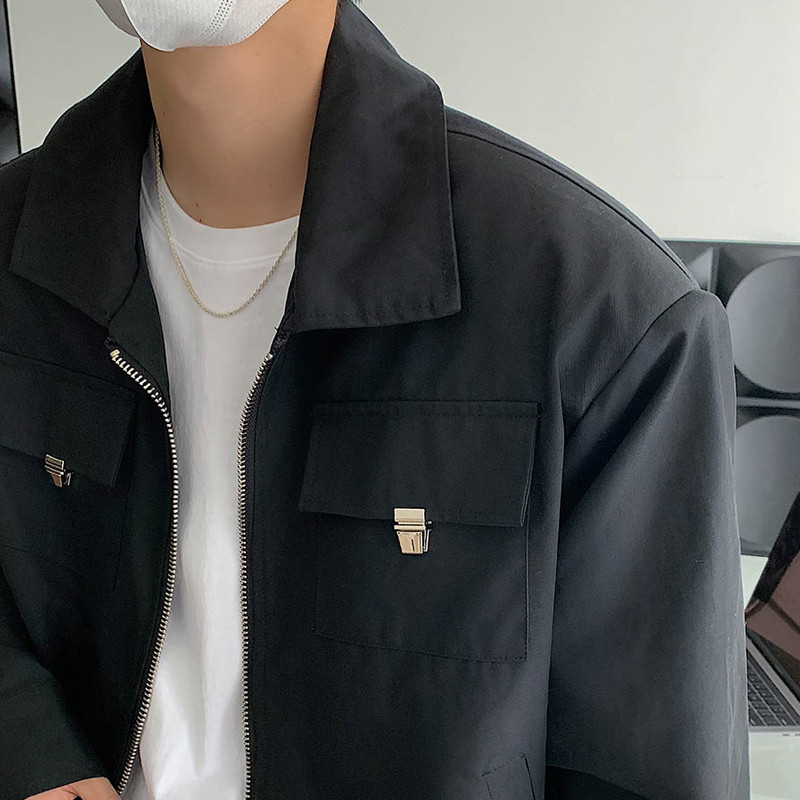 Jednoduchá klopová bunda pre mužov a ženy, krátka bunda v khaki farbe, nadrozmerný bomber s viacerými vreckami a kovovou dekoráciou