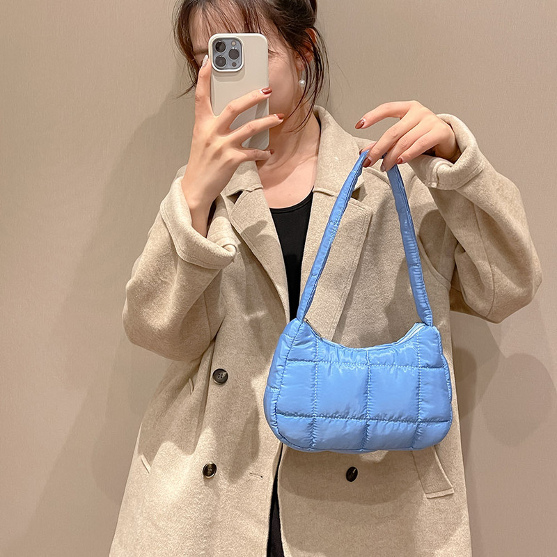 Χειμερινές μοδάτες καπιτονέ τσάντες γυναικείες τσάντες casual βαμβακερές μονόχρωμες μικρές τσάντες με λαβή για γυναίκες Τσάντες ώμου μασχάλης
