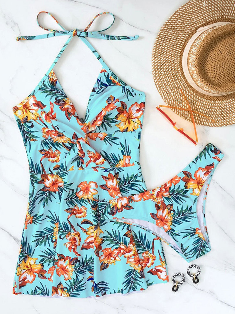 Vigorashely 2023 Sexy V výstrih s potlačou push-up plavky s ramienkami, volánikovou sukňou a plavky pre ženy s hlbokým výstrihom, 2-dielne plážové plavky