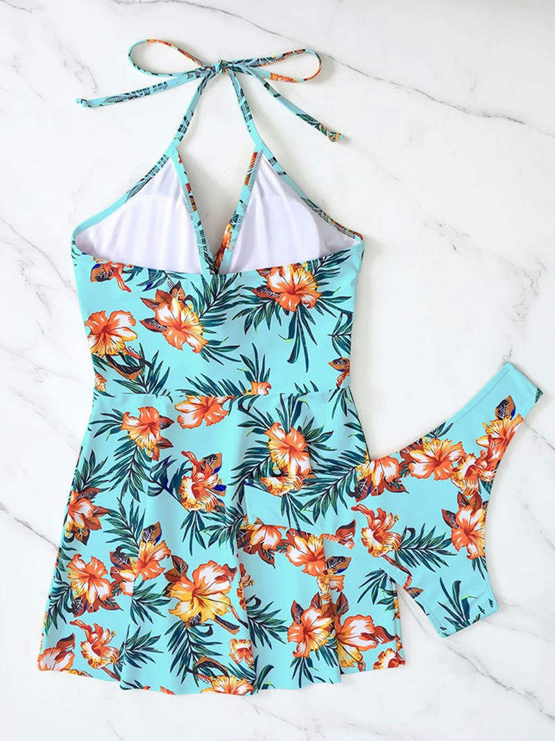 Vigorashely 2023 Sexy V výstrih s potlačou push-up plavky s ramienkami, volánikovou sukňou a plavky pre ženy s hlbokým výstrihom, 2-dielne plážové plavky