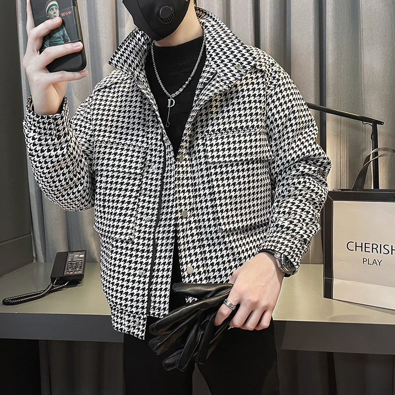Κορεάτικο Μόδα Houndstooth Χειμερινό Μπουφάν Ανδρικό Παχύ Κοντό Κοντό Parka Casual Business Παλτό με φερμουάρ Hiphop Πανωφόρι 2022
