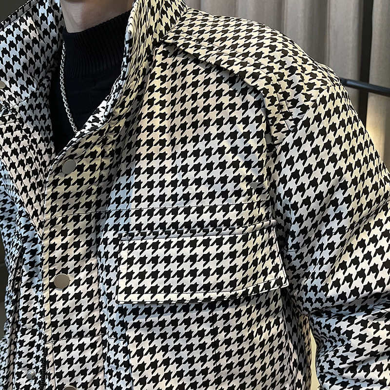 Κορεάτικο Μόδα Houndstooth Χειμερινό Μπουφάν Ανδρικό Παχύ Κοντό Κοντό Parka Casual Business Παλτό με φερμουάρ Hiphop Πανωφόρι 2022