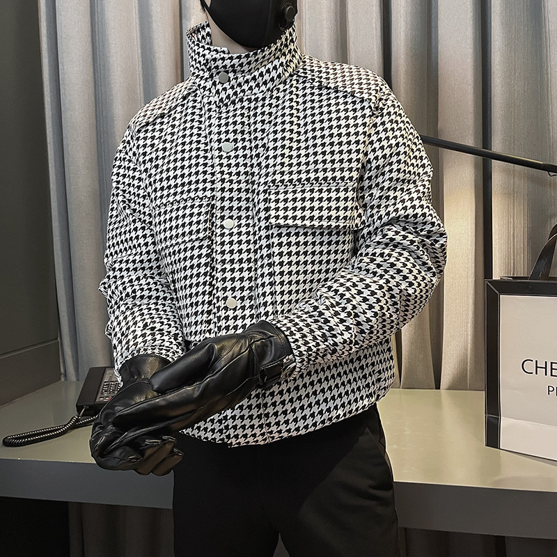 Κορεάτικο Μόδα Houndstooth Χειμερινό Μπουφάν Ανδρικό Παχύ Κοντό Κοντό Parka Casual Business Παλτό με φερμουάρ Hiphop Πανωφόρι 2022