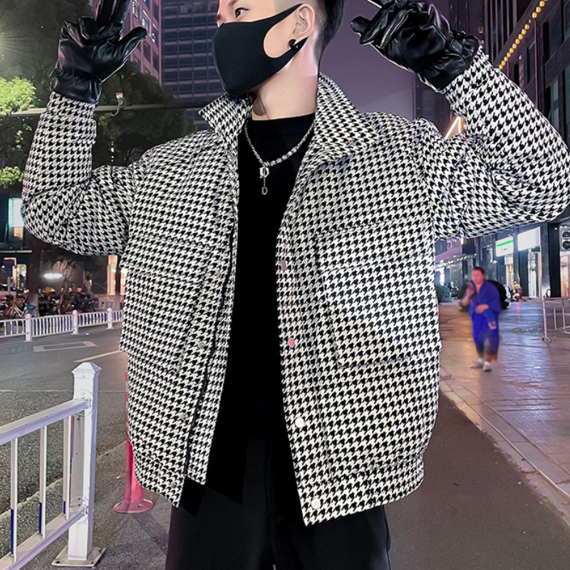 Κορεάτικο Μόδα Houndstooth Χειμερινό Μπουφάν Ανδρικό Παχύ Κοντό Κοντό Parka Casual Business Παλτό με φερμουάρ Hiphop Πανωφόρι 2022